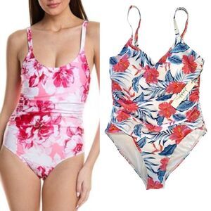 Nicole Miller Tropical Vtg Print Side Ruching 1 Piece Swimsuit Large NWT